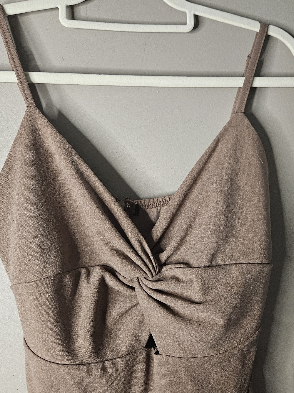 Twist Front Spaghetti Strap Jumpsuit in Taupe Ptp 19" Inseam 30"